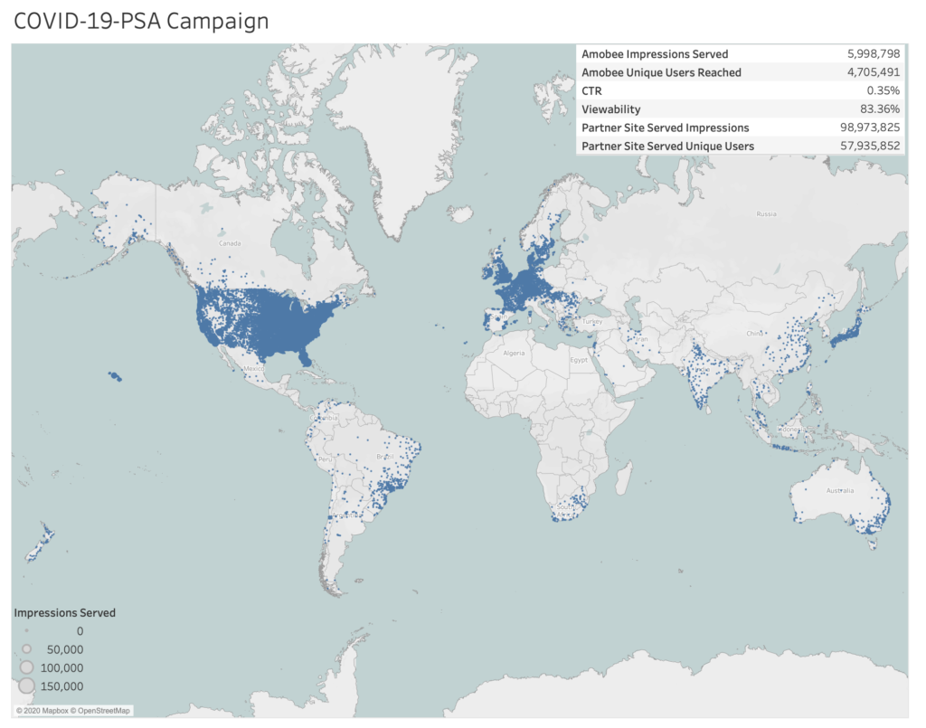 Amobee's COVID-19 PSA Campaign's audience on a map